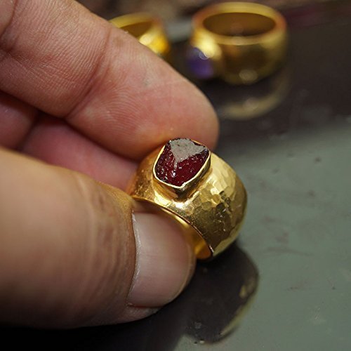 Turkish Hammered Ruby Ring 925 Sterling Silver 24 k Yellow Gold Plated