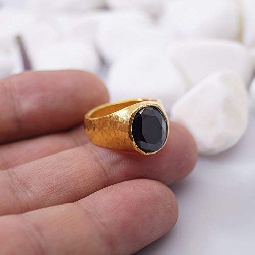 Turkish Hammered Large Men's Onyx Ring 925 Sterling Silver 24 k Yellow Gold Plated