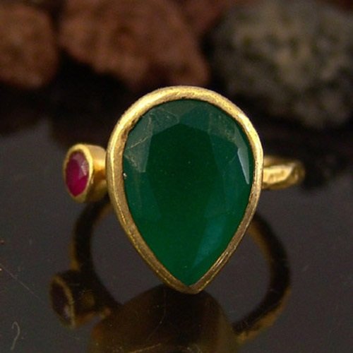 Turkish Greeen Jade Ring Handmade Designer Jewelry By Omer 925 Sterling Silver 24 k Yellow Gold Plated