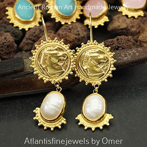 Turkish Bronze Coin Earrings Handmade Designer Jewelry By Omer 925 Sterling Silver 24 k Yellow Gold Plated