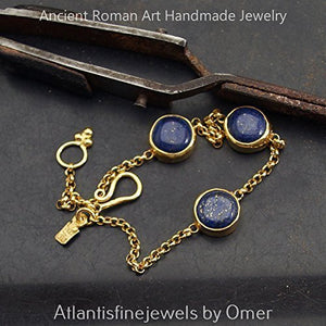 Anatolian Handcrafted Turkish Lapis Chain Bracelet 24k Gold Over 925 k Silver By