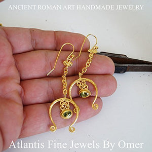 Peridot Charm Hook Earrings 925 k Sterling Silver 24k Gold Plated Handmade