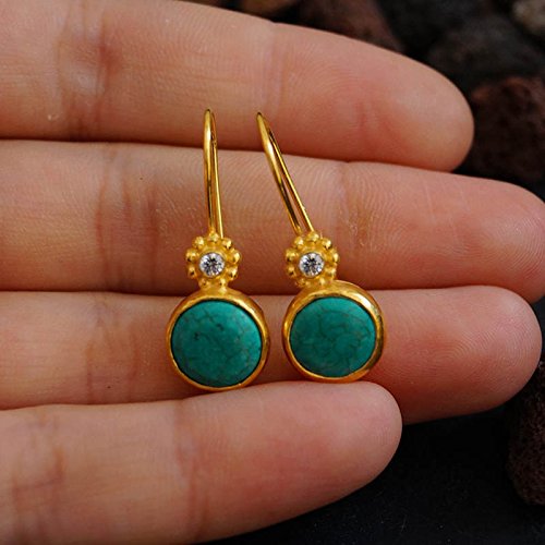 925k Sterling Silver Handmade Green Turquoise Hook Earrings 24k Yellow Gold Plated Handcrafted Roman Art Design Turkish Designer Jewelry Women Earrings