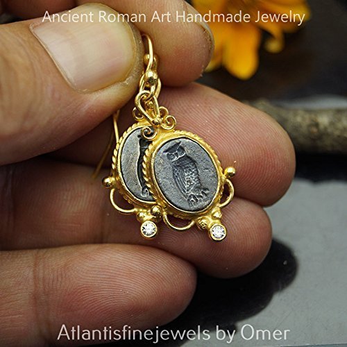 Roman Art Owl Coin 2 Tone Earrings 925 k Sterling Silver 24k Gold Vermeil Roman