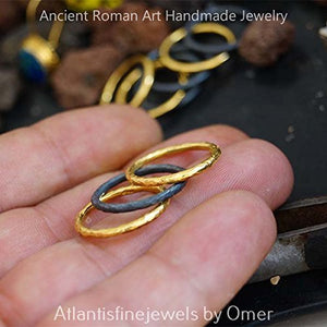 Handmade 3 Hammered Stack Rings Oxidized & 24k Gold Vermeil 925 k Silver By Omer