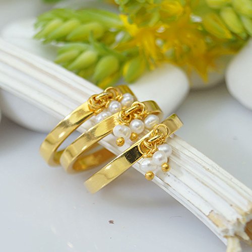 Sterling Silver 3 pcs Pearl Stack Ring Set 24 K Gold Plated Desing By Omer, Turkish jewelry