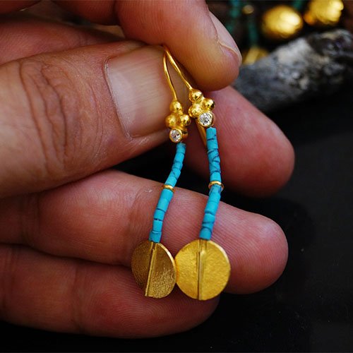 925 Sillver Handmade Ancient Art Heishi Turquoise Earrings Omer 24k Gold Plated