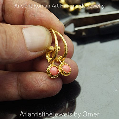 Coral Charm Hammered Horn Earrings 24 k Gold over 925 k Silver Design By Omer