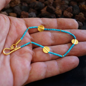 925 Sillver Handmade Roman Art Heishi Turquoise Bracelet Omer 24k Gold Vermeil