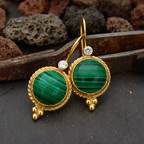 Turkish Malachite Earrings Handmade Designer Jewelry By Omer 925 Sterling Silver 24 k Yellow Gold Plated