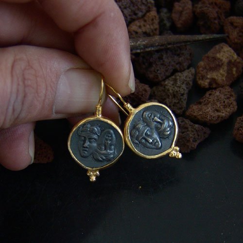 Sterling Silver Designer Oxidized Coin Earrings By Omer 24 K Gold Vermeil