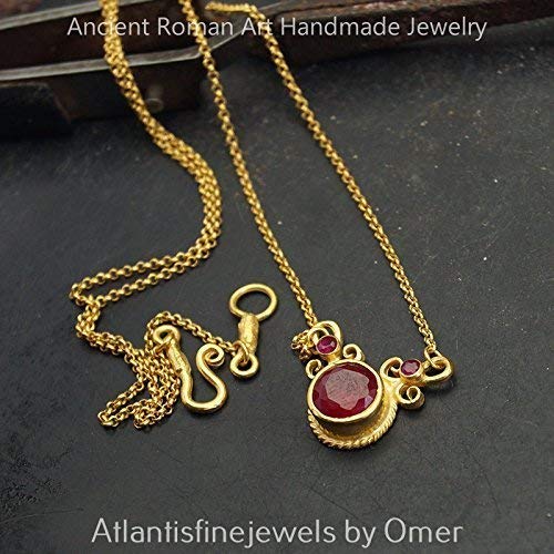Roman Art Red Topaz Necklace 24k Gold Vermeil Sterling Silver Fine Turkish Jewel