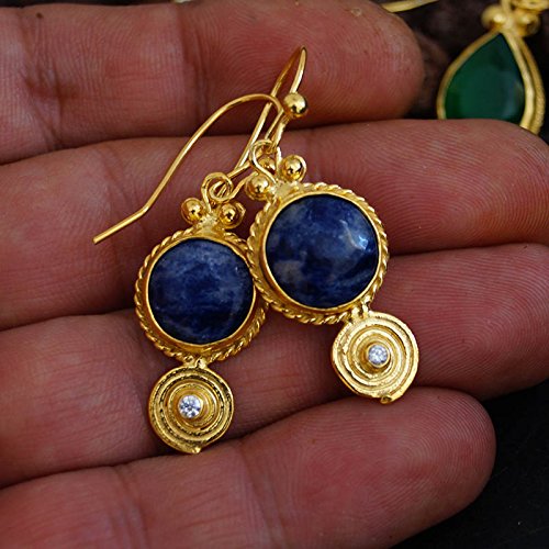 925k Silver Handmade Sodalite & White Topaz Earrings 24k Gold Vermeil Handcrafted Turkihsh Designer Jewelry Women Earrings Ancien Roman Art