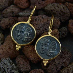 Turkish Oxidized Coin Earrings Handmade Designer Jewelry By Omer 925 Sterling Silver 24 k Yellow Gold Plated