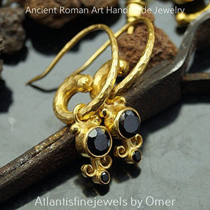 Omer Sterling Silver Hammered Hoop Earrings Black Onyx Charm 24k Gold Vermeil