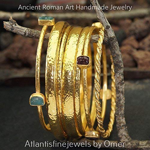Roman Art Sterling Silver Hammered 2.5 mm Bangle # 3 24k Gold Plated Ancient Art
