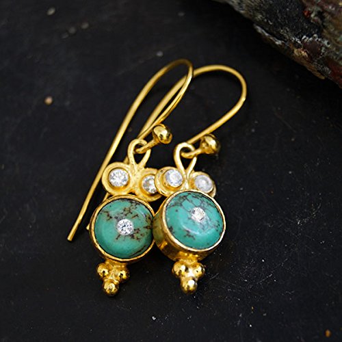 925 K Silver Handmade Turquoise Hook Earrings W/Topaz 24 k Gold Vermeil By Omer