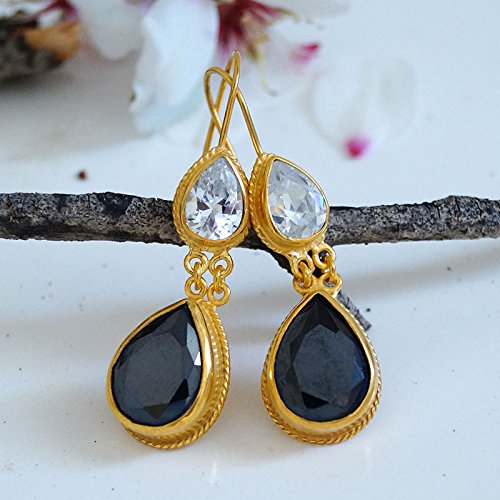 Turkish Pear White & Onyx Topaz Earrings Handmade Designer Jewelry By Omer 925 Sterling Silver 24 k Yellow Gold Plated