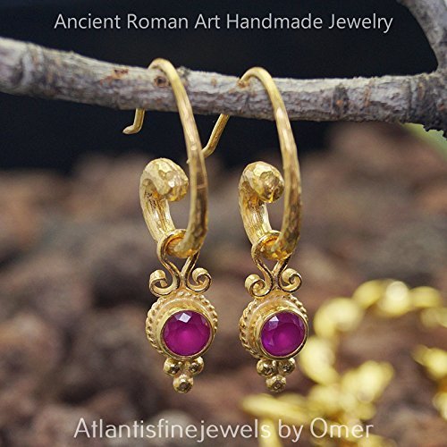 Hammered Horn Earrings With Ruby Charms 24k Gold over 925 Silver Design By Omer