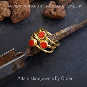3 PCS CORAL RING SET BY OMER HAMMERED HANDMADE 24K GOLD OVER STERLING SILVER