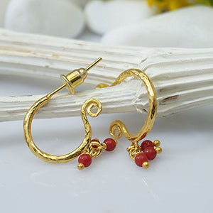 Omer 925 Sterling Silver Dainty Hammered Hoop Coral Charm Artisan Gold Earrings