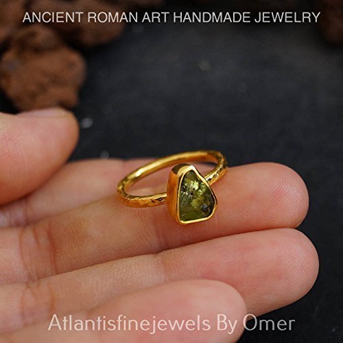 Handmade Rough Peridot Ring By Omer 24 k Gold Vermeil Sterling Silver