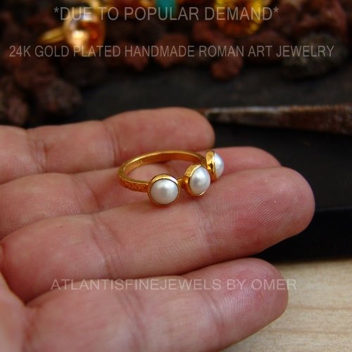Turkish Hammered Pearl Ring 925 Sterling Silver 24 k Yellow Gold Plated