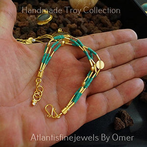 Multi Strand Troy Malachite Bead Bracelet 24 k Gold over 925 Fine Silver Handmad