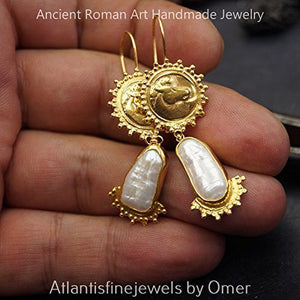 Ancient Work Pearl & Horse Coin Earrings Sterling Silver Sun Collection 24k Gold Plated Turkish Jewelry
