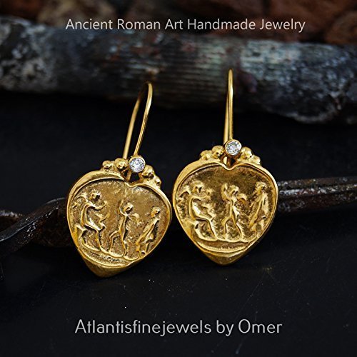 Turkish Heart Coin Earrings Handmade Designer Jewelry By Omer 925 Sterling Silver 24 k Yellow Gold Plated