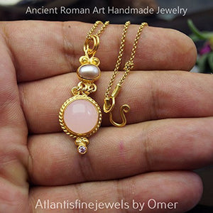 Pink Quartz / Pearl Handcrafted Necklace w/ Pendant 24k Gold Vermeil By Omer
