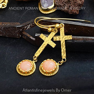 925 Sterling Silver Hammered Cross Gold Earrings W/ Coral Charm Handmade By Omer