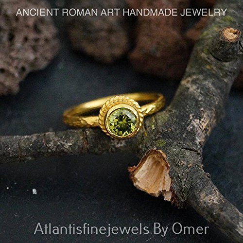 Turkish Hammered Peridot Ring 925 Sterling Silver 24 k Yellow Gold Plated