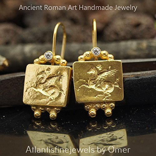 Turkish Pegasus Earrings Handmade Designer Jewelry By Omer 925 Sterling Silver 24 k Yellow Gold Plated