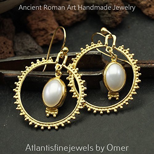 Turkish Pearl Earrings Handmade Designer Jewelry By Omer 925 Sterling Silver 24 k Yellow Gold Plated