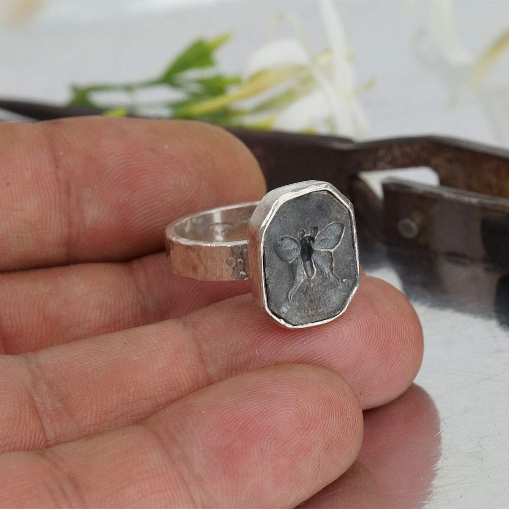 Omer Handmade Sterling Silver 4mm Flat Band Oxidized Butterfly Coin Ring Turkish Jewelry