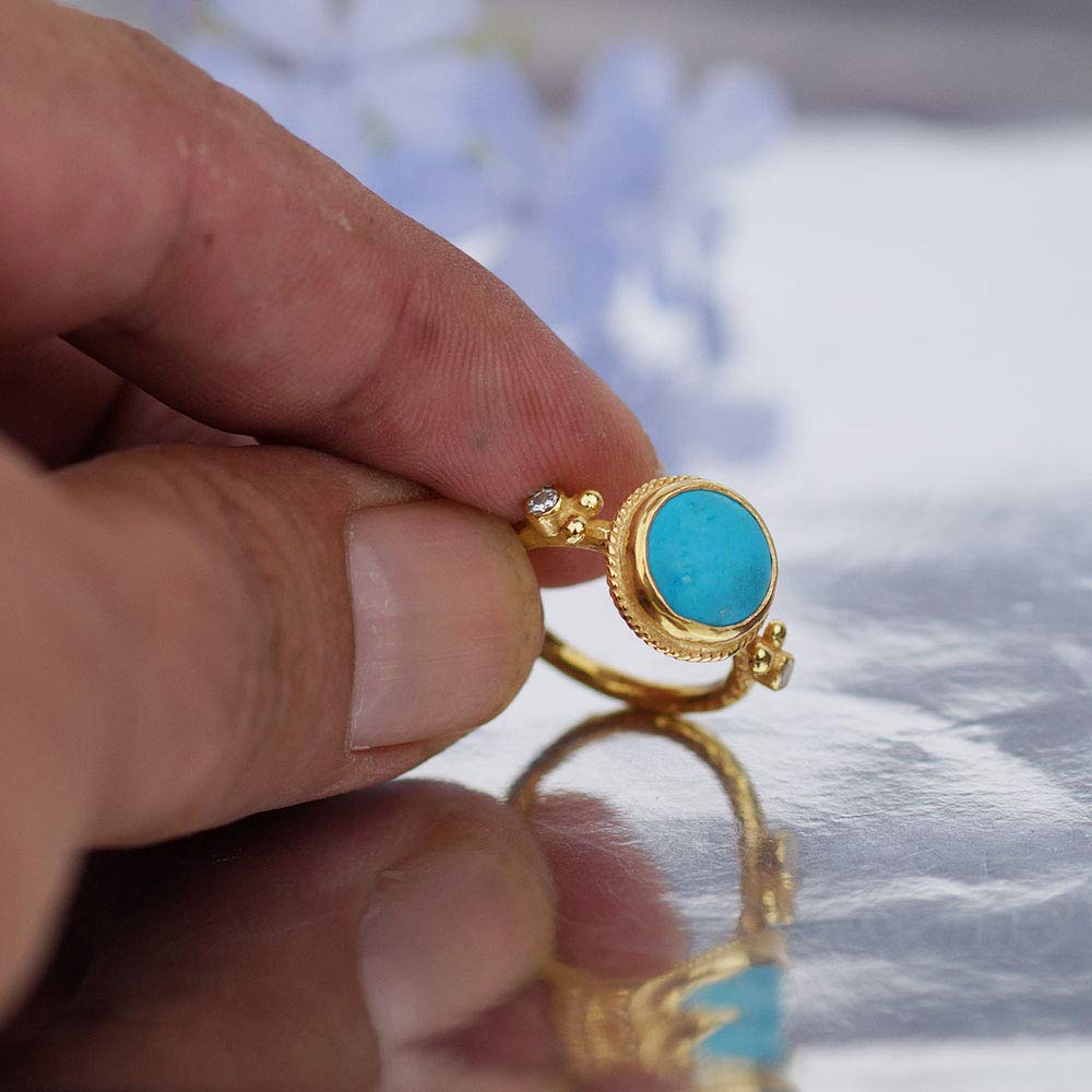 Hammered Turquoise & White Topaz Ring 24 k Gold Over 925 Sterling Silver By Omer Turkish Fine Jewelry