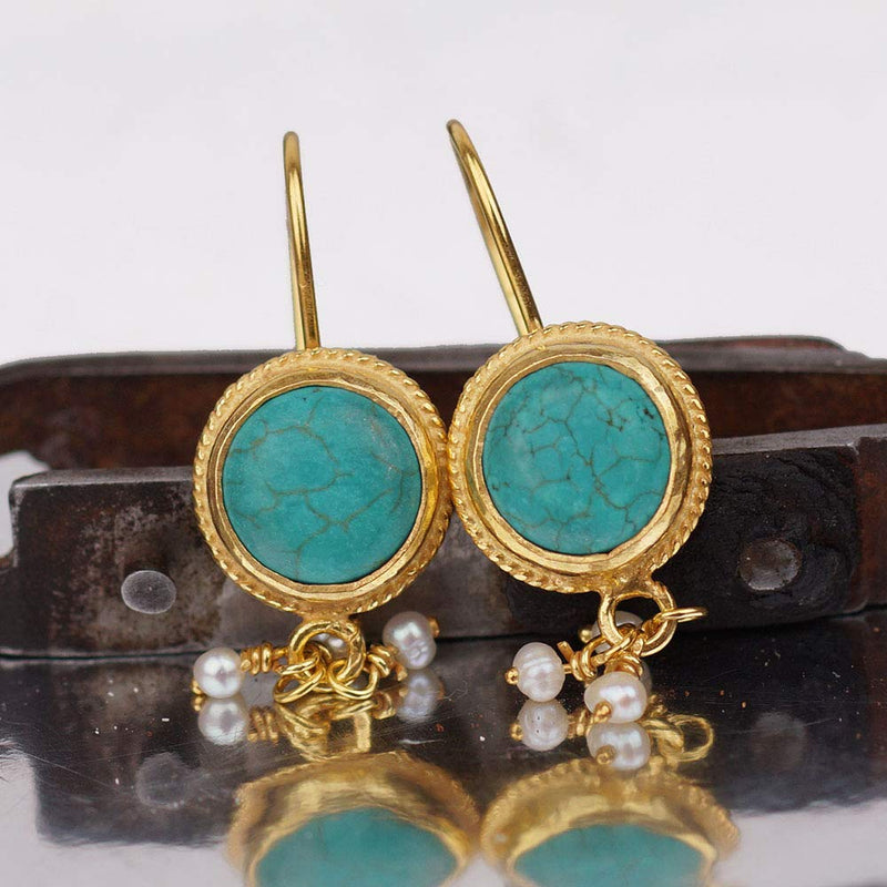 Omer 925 k Silver Turquoise Earrings W/ Pearl Charms Roman Art Handmade Jewelry