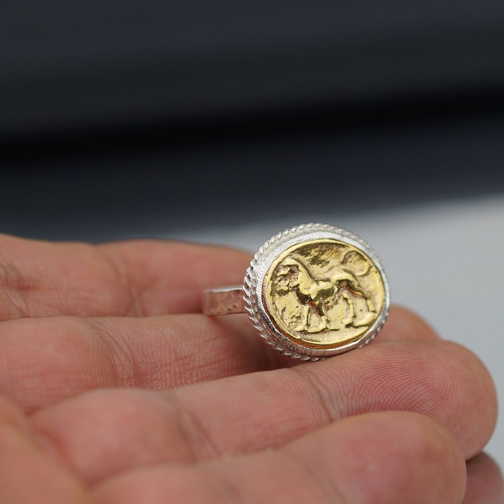 Sterling Silver 925k 2 Tone Lion Coin Ring Roman Art Handmade By Omer 24k Gold Vermeil