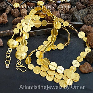 Omer 925 Silver Handmade Anatolian Ancient Troy Bead Necklace Yellow Gold Plated