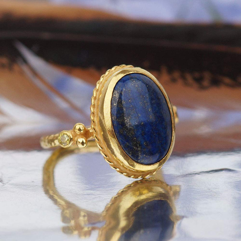 925 Silver Lapis & Canary Yellow Topaz Ancient Handmade Ring By Omer 24 k Gold V