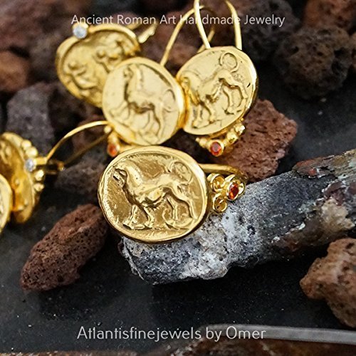 *FREE SIZE Omer 925 k Silver Handmade Orange Topaz Lion Coin Yellow Gold Ring