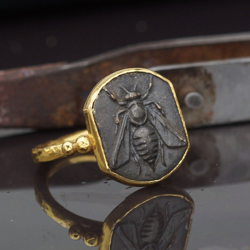 Handmade Bee Coin Ring Roman Art 925 Sterling Silver By Omer 24k Gold Vermeil