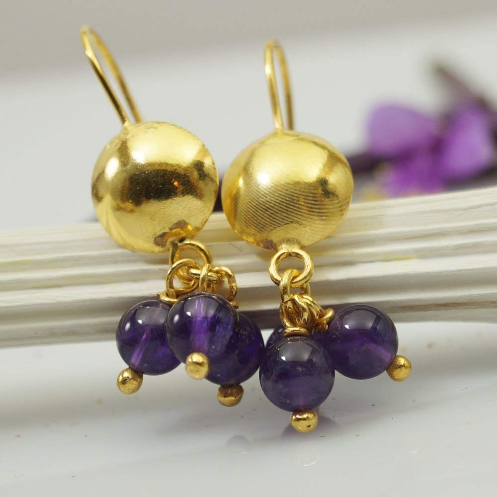 Turkish Amethyst Earrings Handmade Designer Jewelry By Omer 925 Sterling Silver 24 k Yellow Gold Plated