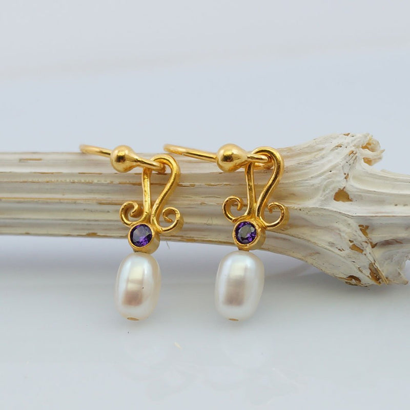 Omer Pearl Amethyst Small Dangle Earrings 24k Gold over 925k Silver Fine Jewelry