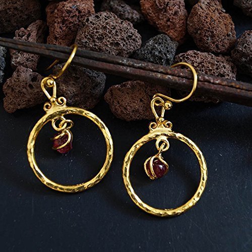 Hammered Cirle Earrings W/ Rough Ruby Charm Design By Omer 24k Yellow Gold Over 925 Silver