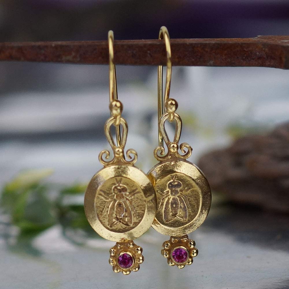 925 k Sterling Silver Roman Art Fly Coin Earrings w/Red Topaz 24k Gold Vermeil