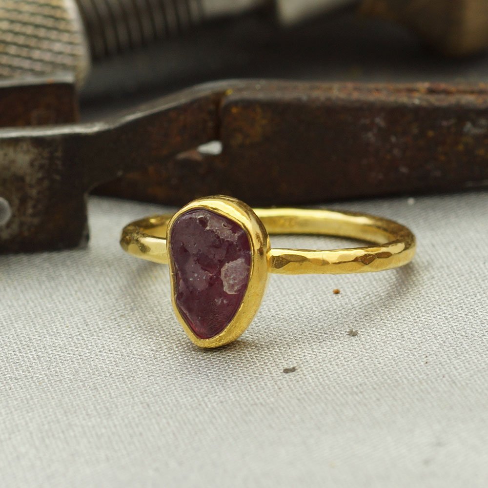  Turkish Rough Ruby Ring Handmade Designer Jewelry By Omer 925 Sterling Silver 24 k Yellow Gold Plated