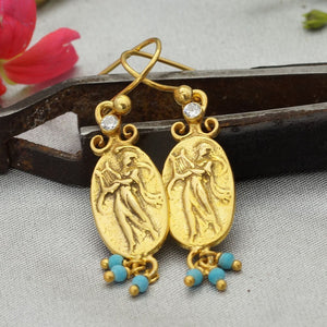 Roman Art Coin W/ White Topaz / Turquoise Charm Earrings 24 k Yellow Gold Plated