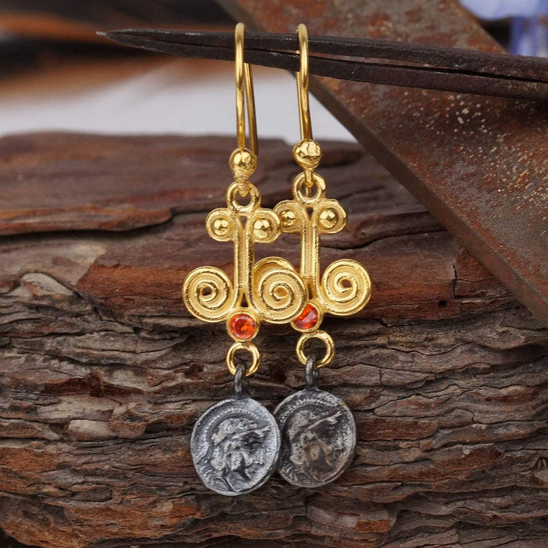 Blackened Coin Charm Earrings w/Orange Topaz 925 Sterling Silver Ancient Turkish